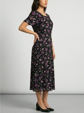 Vintage 90s Talbots Floral Midi Dress 14 P Black Purple Short Sleeve